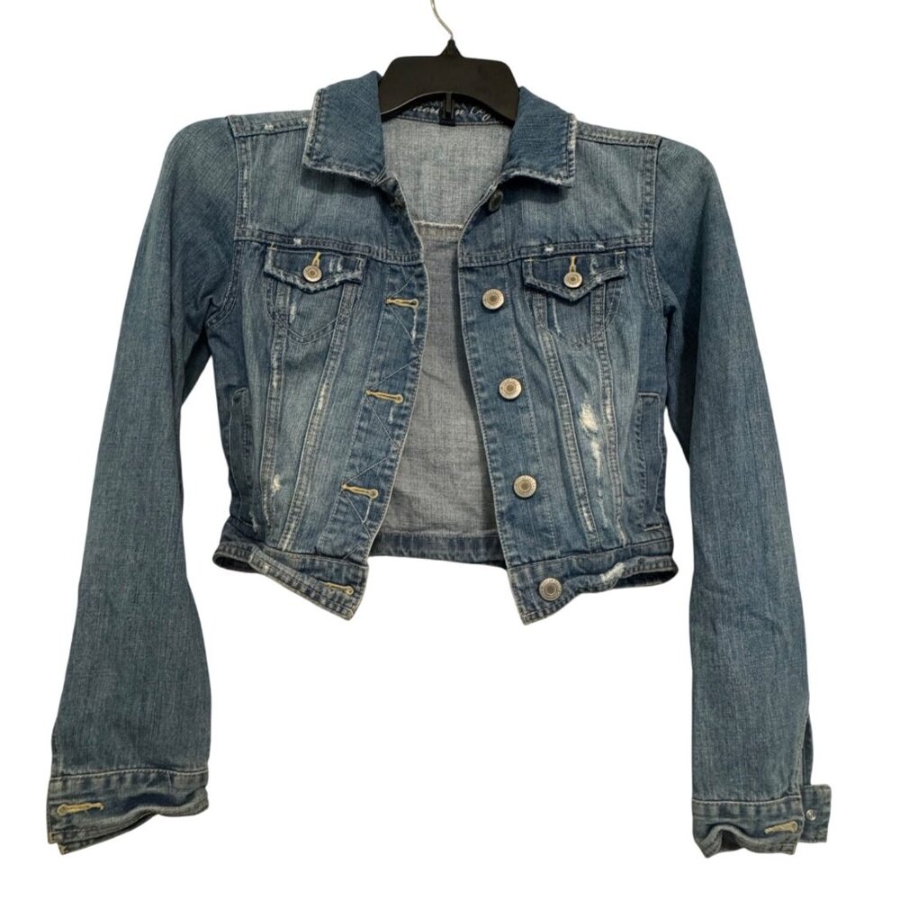 American Eagle Denim Jacket Womens S Distressed Light Wash Cotton Button Front C